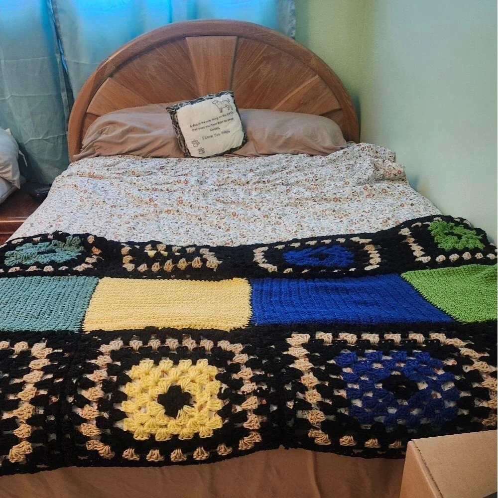 Hand Crafted Crochet Blanket Afghan Granny Square Twin X Long  Multi color 72x32